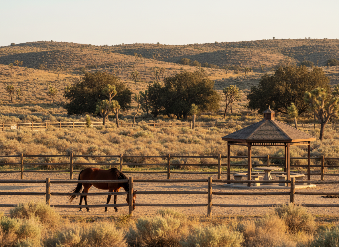 A wide, photographic realism view of Flamenco Ranch in Acton, CA, showcasing two fenced acres of high desert chaparral. In the foreground, a sleek chestnut horse with a glossy coat grazes near a sturdy wooden fence, its mane gently lifted by a breeze. Behind it, rolling sandy hills dotted with sagebrush, Joshua trees, and scattered walnut and pine create a tranquil backdrop. A simple gazebo with a dark wood roof sits off to the side, casting soft shade over a clean seating area. Late afternoon golden hour light bathes the scene, creating long, calm shadows and a warm, inviting glow. Shot at eye level with sharp focus throughout, the composition emphasizes open space, serenity, and professional ranch living just outside Los Angeles.