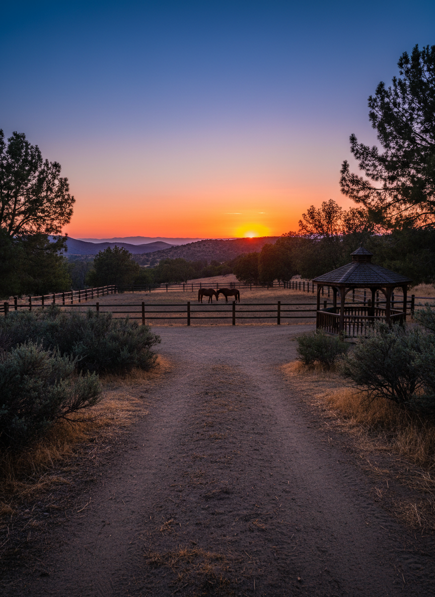 A cinematic, photographic realism sunset panorama of Flamenco Ranch framed by the surrounding high desert hills. The camera sits at ground level on a compacted dirt path lined with sparse chaparral shrubs, leading toward the main fenced pasture where a couple of horses stand silhouetted against the glowing sky. The two-acre property is outlined by tidy fencing, with a modest gazebo just visible to one side, its roof catching the last orange-pink rays. Scattered walnut and pine trees punctuate the open space, their branches outlined by rim lighting. The sky shifts from deep blue overhead to warm amber at the horizon, casting a serene, contemplative atmosphere. Wide-angle composition with sharp focus throughout emphasizes the expansive, peaceful setting and the sense of retreat within easy reach of urban Los Angeles.