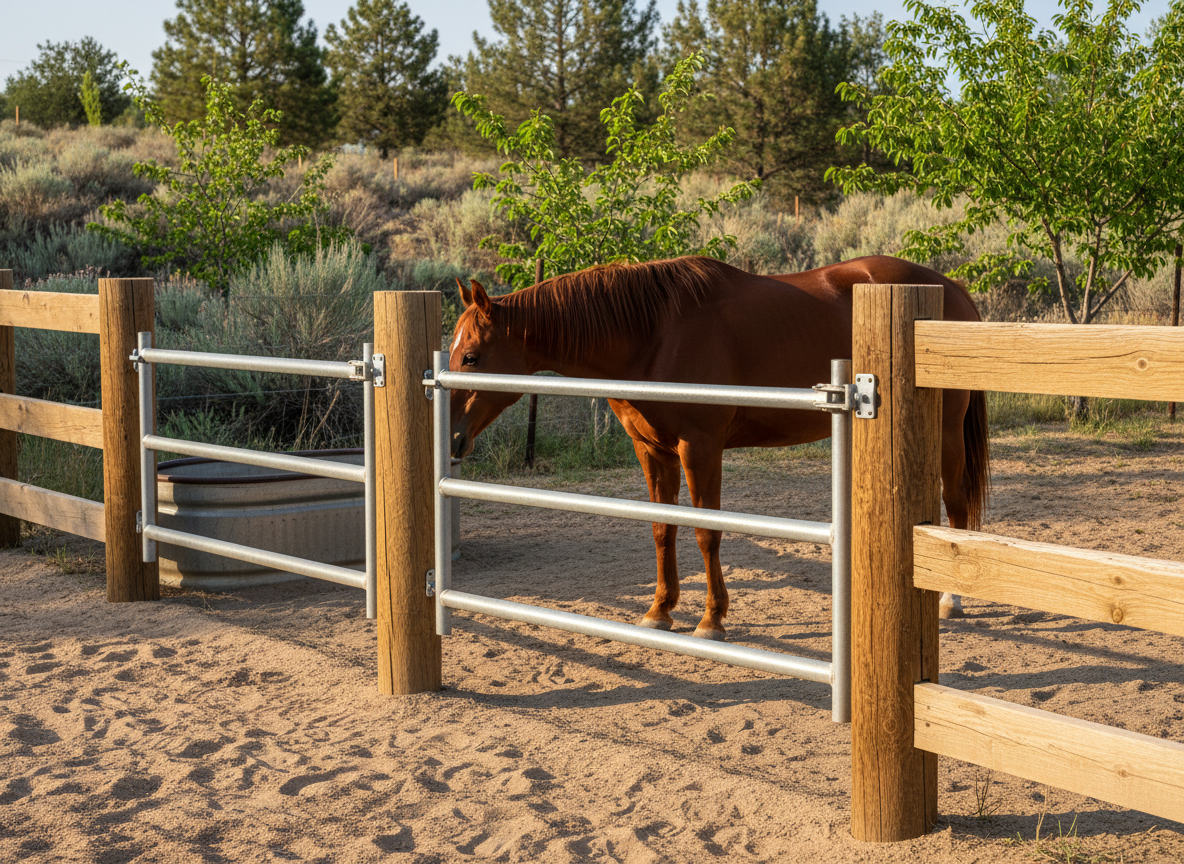 A detailed, photographic realism close-up of a well-kept horse corral at Flamenco Ranch, focusing on the textures and materials. In the foreground, smooth metal panel fencing meets a section of weathered, sand-colored wooden posts, with clean latches and hardware catching the light. Inside the corral, a bay horse with a rich, gleaming coat stands near a water trough, the sandy footing marked with gentle hoofprints. Beyond the enclosure, native high desert chaparral plants and a few young cherry and pine trees soften the edges of the property. Warm, slightly angled late-morning sunlight creates crisp but inviting shadows. Shot from an eye-level, three-quarter view with moderate depth of field, the background softly blurs, emphasizing the secure, orderly, and comfortable environment for horses and guests.