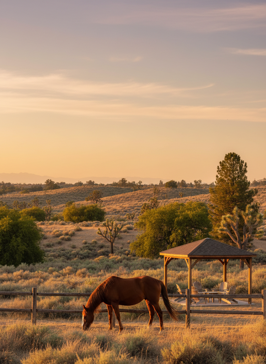 A wide, photographic realism view of Flamenco Ranch in Acton, CA, showcasing two fenced acres of high desert chaparral. In the foreground, a sleek chestnut horse with a glossy coat grazes near a sturdy wooden fence, its mane gently lifted by a breeze. Behind it, rolling sandy hills dotted with sagebrush, Joshua trees, and scattered walnut and pine create a tranquil backdrop. A simple gazebo with a dark wood roof sits off to the side, casting soft shade over a clean seating area. Late afternoon golden hour light bathes the scene, creating long, calm shadows and a warm, inviting glow. Shot at eye level with sharp focus throughout, the composition emphasizes open space, serenity, and professional ranch living just outside Los Angeles.