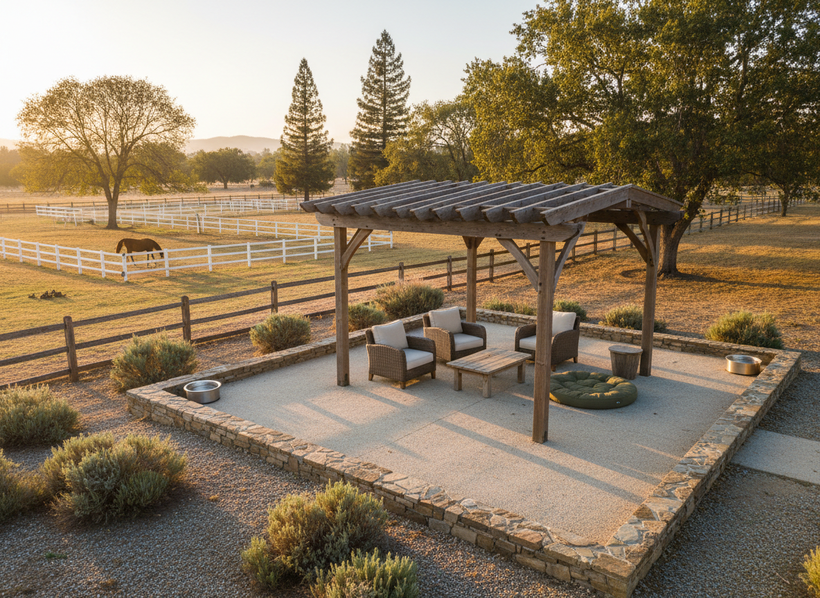 A tranquil, photographic realism portrayal of a dog-friendly outdoor lounging area at Flamenco Ranch. A neatly maintained gravel patio extends from the foreground, bordered by low stone edging that separates it from native chaparral groundcover. In the center stands a sturdy wooden pergola-style gazebo with open sides, shading a simple outdoor seating arrangement. A large, stainless steel water bowl and a durable dog bed sit in a corner, subtly signaling pet-friendliness without any animals present. Beyond the patio, split-rail fencing outlines open space and distant horse paddocks, with a few walnut and pine trees casting dappled shade. Soft sunset light washes the scene in warm tones, creating long, relaxed shadows. Captured from a slightly elevated angle, the composition feels calm, organized, and welcoming for guests with dogs.