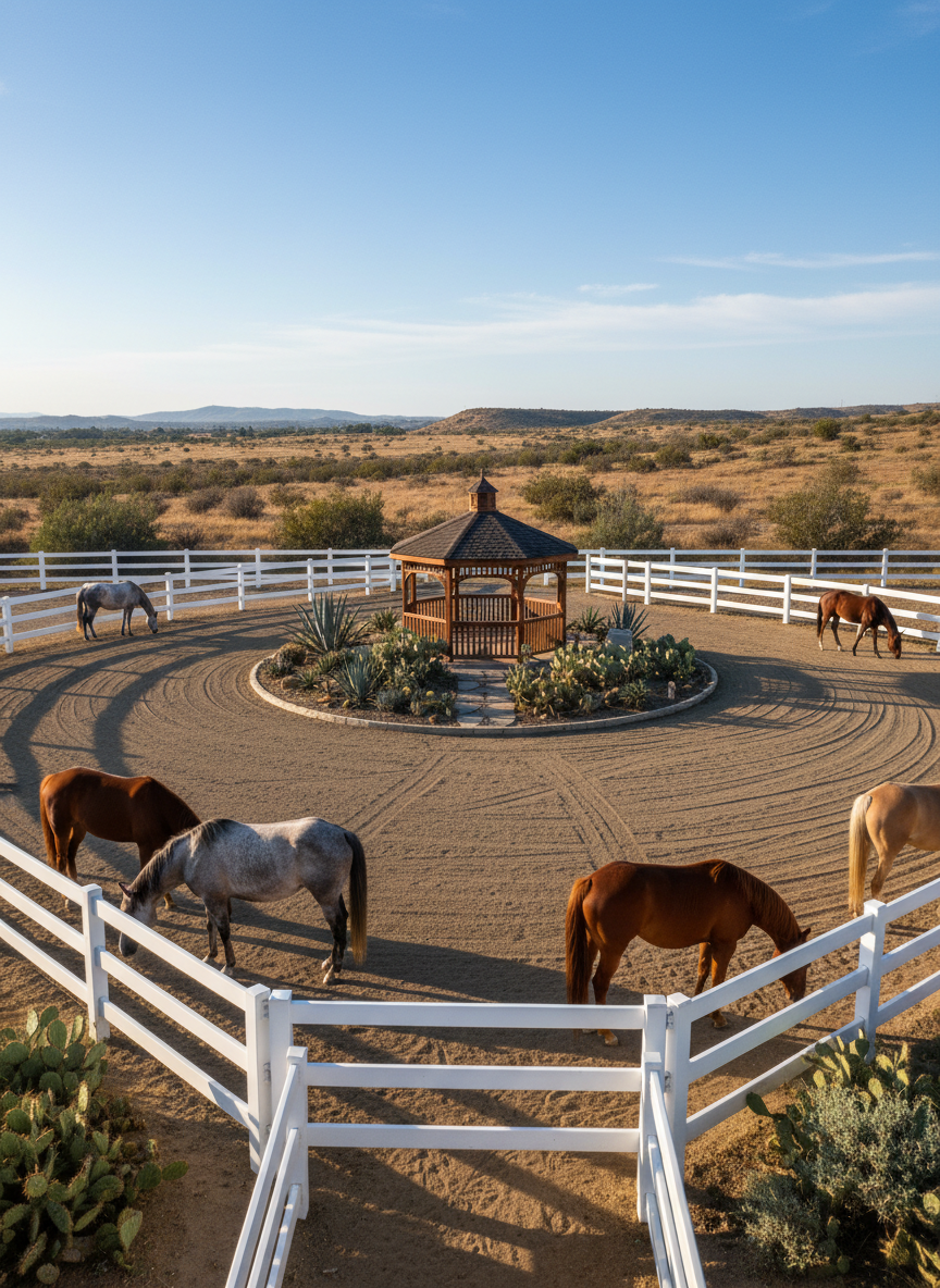 A clean, photographic realism scene of the central yard at Flamenco Ranch: a neatly raked dirt courtyard bordered by sturdy, white-painted fencing enclosing several calm horses in adjacent paddocks. In the mid-ground, a tasteful wooden gazebo with a shingled roof stands on a compacted earth pad, surrounded by drought-tolerant shrubs and scattered chaparral plants. In the distance, low hills of the high desert extend toward the horizon under a clear blue sky. Soft morning sunlight illuminates the ranch, creating gentle highlights on the fence rails and the horses’ coats. Captured from a slightly elevated angle, the composition uses the fence lines to lead the eye through the property, giving an organized, professional, and welcoming impression of ranch life 45 minutes from Downtown LA.