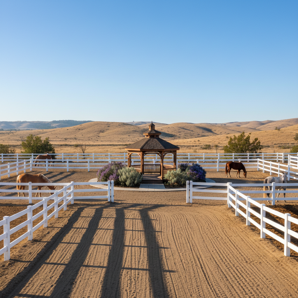 A clean, photographic realism scene of the central yard at Flamenco Ranch: a neatly raked dirt courtyard bordered by sturdy, white-painted fencing enclosing several calm horses in adjacent paddocks. In the mid-ground, a tasteful wooden gazebo with a shingled roof stands on a compacted earth pad, surrounded by drought-tolerant shrubs and scattered chaparral plants. In the distance, low hills of the high desert extend toward the horizon under a clear blue sky. Soft morning sunlight illuminates the ranch, creating gentle highlights on the fence rails and the horses’ coats. Captured from a slightly elevated angle, the composition uses the fence lines to lead the eye through the property, giving an organized, professional, and welcoming impression of ranch life 45 minutes from Downtown LA.